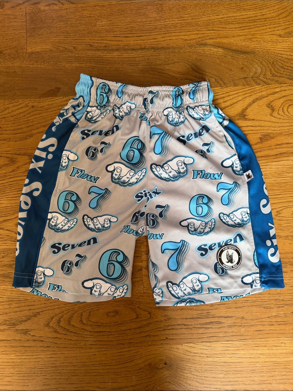 Flow Society ‘6 7’ White and Light Blue Graphic Athletic Shorts